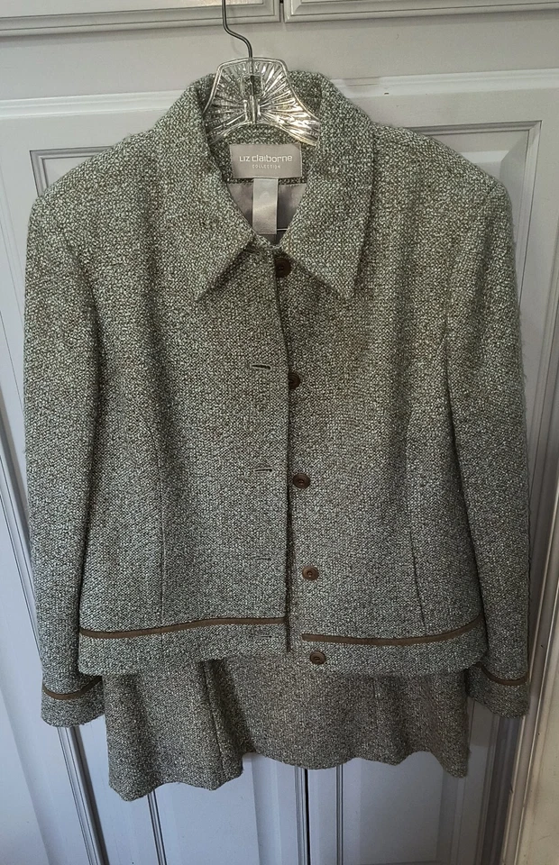 Liz Claiborne 2 Piezas Moda Lana Tweed Traje Conjunto Verde Gris Talla 8 Mujer Vestido Foto 2 de 4