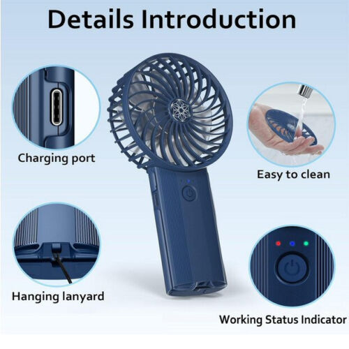 Handheld Fan Portable USB Rechargeable Mini Silent Small Hand 2000mAh Dark Blue - Picture 2 of 7