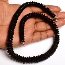 Natural Black Spinel Gemstone 9 to 11mm German Cut Rondelle Beads 16.5" Necklace