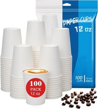 12 oz Coffee Cups 100 Count, Leak-Proof Paper Cups 12 oz, Sturdy White Disposabl