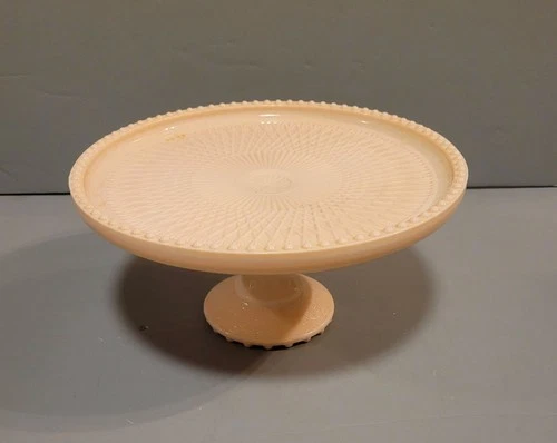 Vintage Jeanette Shell Pink Milk Glass Cake Stand Pedestal Plate Beaded Edge