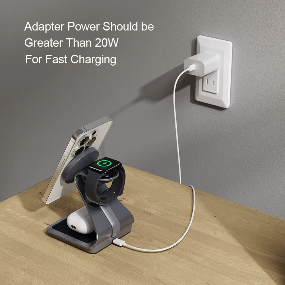 3-in-1 Magnetic Wireless Charging Stand for iPhone 12-17, Apple Watch & AirPods - Image 3 of 4