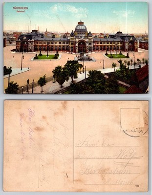 Nürnberg Bahnhof Grand Train Station Germany Old Postcard 1910s Posted