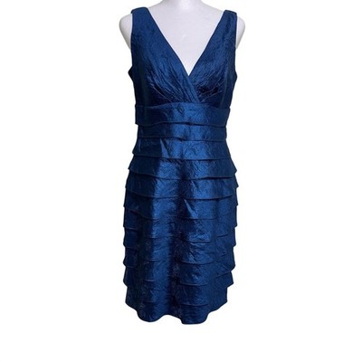 London Times Metallic Blue Tiered Ruffle V-Neck Cocktail Sheath Dress Size 6