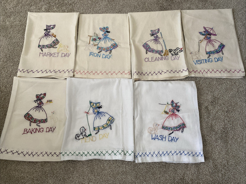 HAND EMBROIDERY TEA TOWELS SET OF 7 - SUNBONNET GIRL CHORES