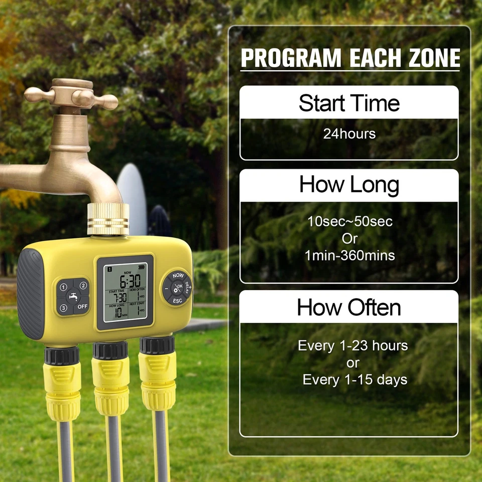 1-Water Timer Irrigation System With 3 Outlets For Garden Programmable JRDN - Image 4 of 4