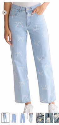 Flying Angel Light Blue Bow Print Denim Straight Leg Jeans, 5-Pocket, High Rise