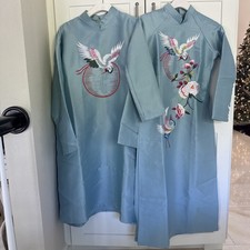 Couple Set Of 2 Embroidered Ao Dai Vietnamese Long Dress Lunar New Year Blue