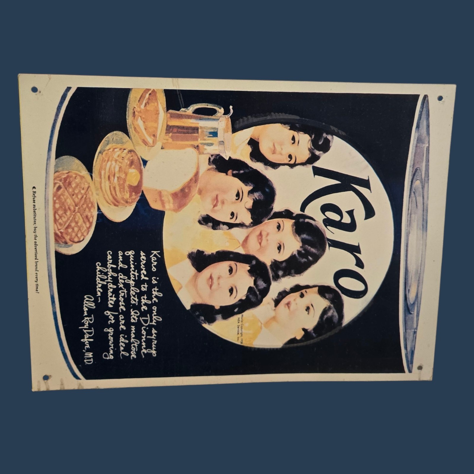 Karo Syrup Tin Metal Sign Quintuplets Retro Kitchen 1938 Advert VTG Reproduction