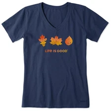 Life is Good. Women's Three Leaves Short Sleeve Crusher Vee, Darkest Blue
