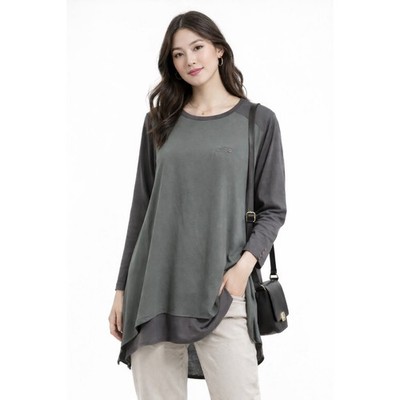 Two Luck Tunic Top Womens 88 Grey Layered Mixed Media Long Sleeve K-Fashion