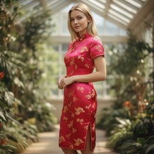 Vintage Cheongsam Qipao Dress Womens Small Fuchsia Pink Gold Brocade Hong Kong
