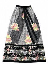 Vintage 1970 s Black Floral Gathered Waist Young Traditions Maxi Long Skirt