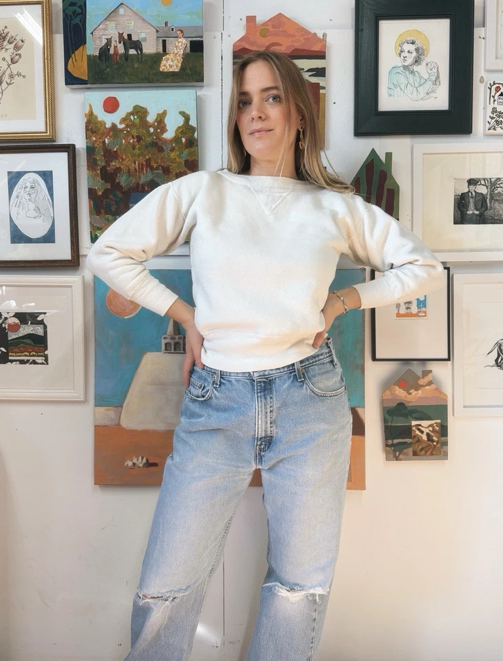 Vintage 1950s Single V Crewneck Sweatshirt White Cotton Blank - Image 3 of 4