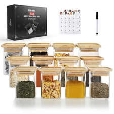 12pcs Stackable Spice Jars Square Bottles with Bamboo Lid and Labels