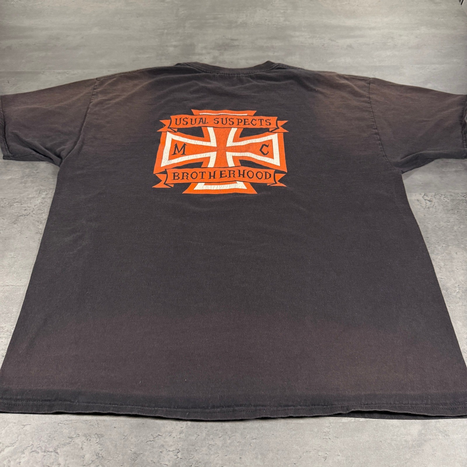 Vintage Motorcycle Club Shirt Mens 2XL Black Orange Faded Chrome Hearts Style