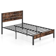 Full Bed Frame w/ Tall Industrial Headboard Heavy-Duty Metal Slats Support