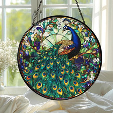 Stunning Peacock Stained Glass Suncatcher Window Hanging Art Home Decor Gift
