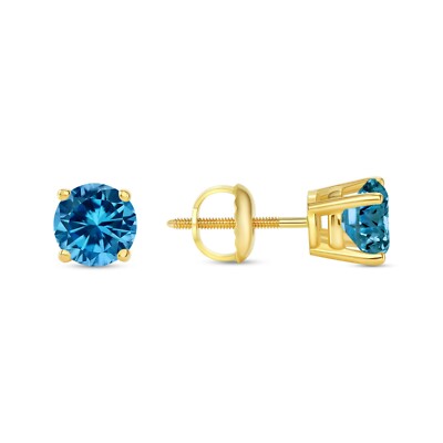 1 Ct Round Blue Created Diamond Earrings Studs Real 18K Yellow Gold Basket Screw