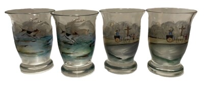 Shot Glasses 2 w Stag & Dog plus 2 w Horse Cart & Cross 3  Set Of 4 Vintage