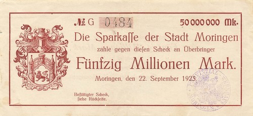 Moringen - Stadt - 50 Millionen Mark - Stempel - Bst. G - 第 1/2 張圖片