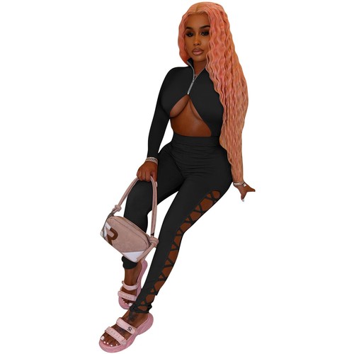Sexy Women Open Front Long Sleeves Side Bandage Patchwork Bodycon Jumpsuit Club - Picture 5 of 10