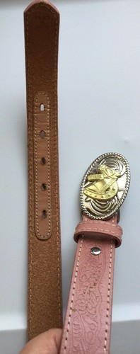 Nocona Girls Kid Cowgirl Horse Pink Leather Belt Gold Silver Buckle 20 N4410530 - Picture 11 of 12