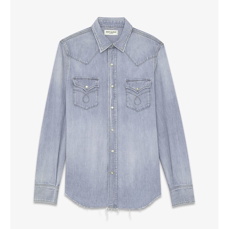 CAMICIA S NUOVA $690 SAINT LAURENT Stone Lt blu GIAPPONE DENIM stile classico WESTERN