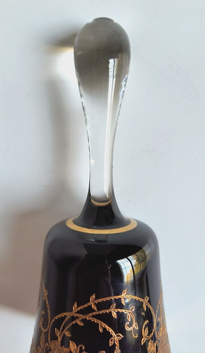 Vintage Bohemia Hand Painted Black Amethyst Gold Etched Crystal Bell 6.5"Height - Picture 8 of 11