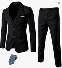 Wehilion Men's Suit Slim Fit Black 3 Piece XS 36R 30W 2 Button Notch Lapel