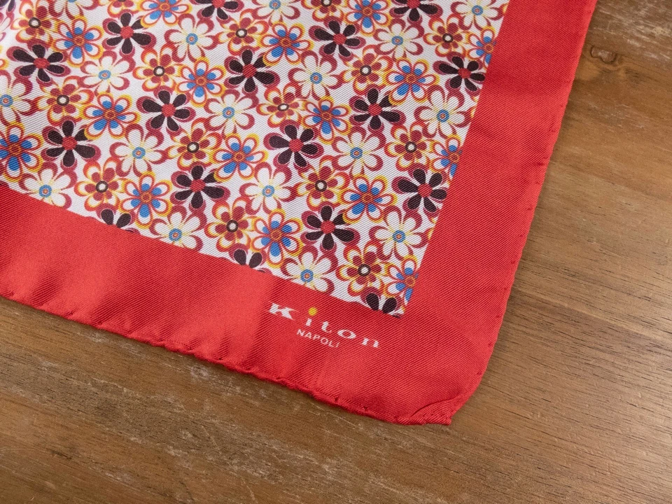 KITON Napoli красный ручной работы цветочный принт шелковый карман квадратный подлинный новый с Ярлыками - Изображение 2 из 3