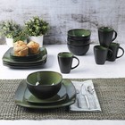 Dinnerware Plates Bowls Mugs Set For 4 Square Stoneware Kitchenware 16-Pcs Green