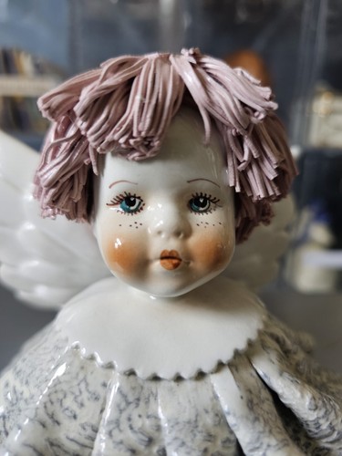 Vintage Signed Zampiva Pink Spaghetti Hair Angel Figurine Gray Dress - Picture 2 of 8