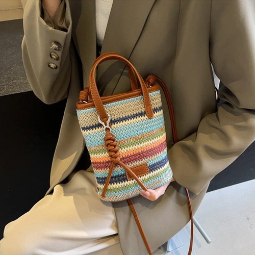 Striped Beach Bag Straw Mini Handbags New Crossbody Bags - Picture 9 of 13