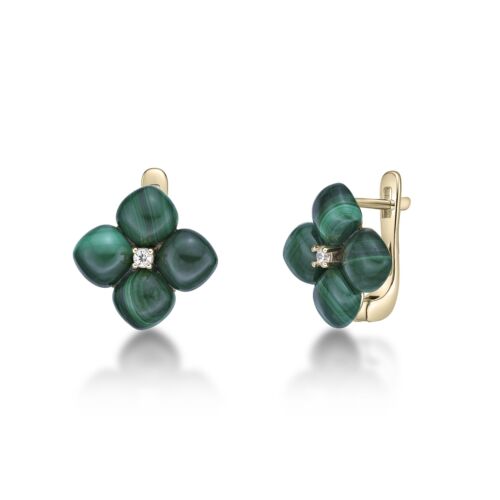 Yellow Gold Plated Sterling Silver Malachite Four Petal Dangle Earrings