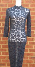 BNWT Rosemunde Womens Navy Blue Midi Lace Dress Sheer High Neck 3/4 Sleeves UK12