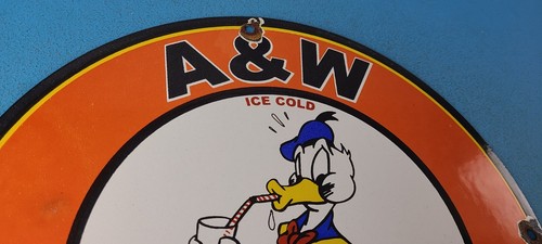 VINTAGE A&W PORCELAIN ROOT BEER BEVERAGE SODA DONALD DUCK GAS PUMP SIGN - Picture 4 of 15