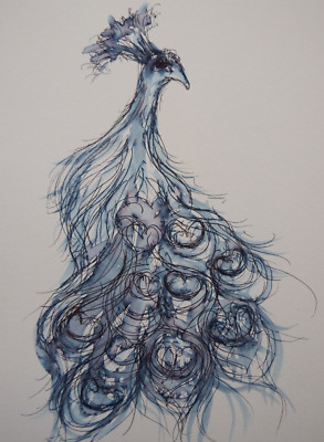 Tuschezeichnung Pfau auf Elfenbein A4 Aquarellpapier Original Pen & Tuschewäsche