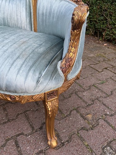 Sofa Settee Louis XVI Style Vintage Blue Velvet Gold Leaf French Corner Seating - Picture 15 of 16
