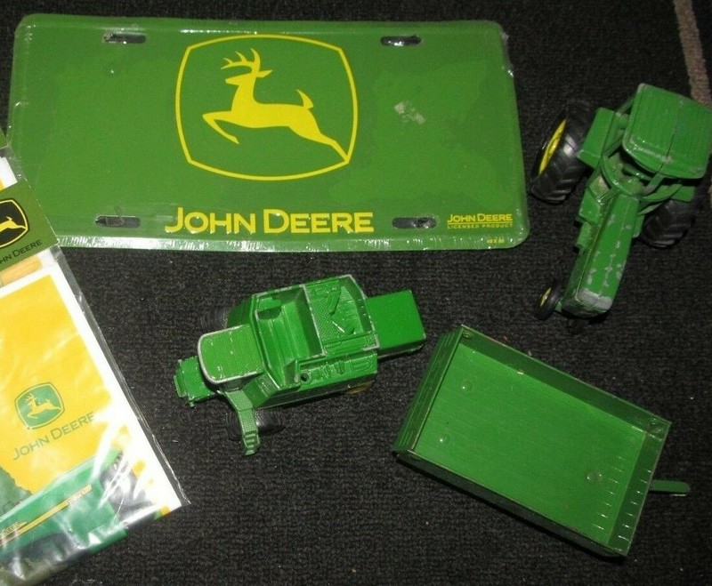 JOHN DEERE TRACTOR NEW LICENSE PLATE & ERTL TRACTOR W/ FORAGE WAGON 