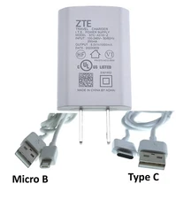 OEM ZTE Travel Charger STC-A51D-Z(5.0V 1000mA)+ 2 USB Cables (Type-C & Micro B)