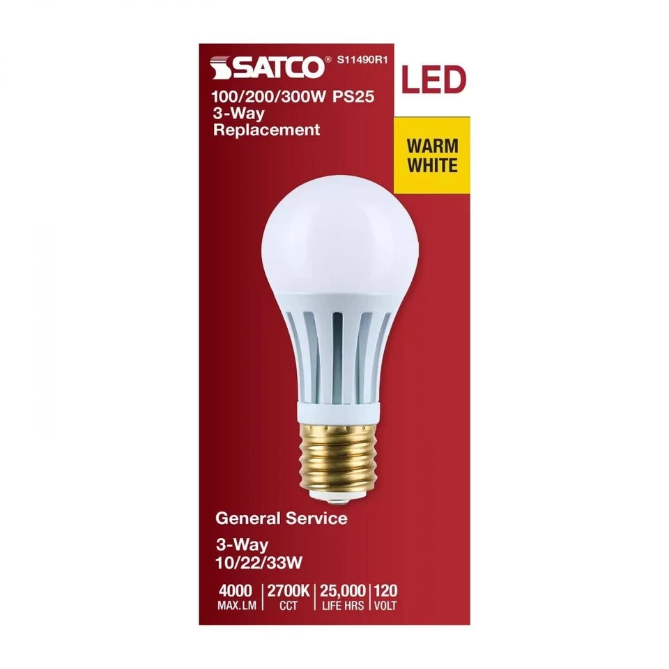 Satco S11490R1 - 10/22/33 Watt PS25 LED 3 Way Lamp - 2700K (1, 2, 6, or 12 Pack) - Image 2 of 4
