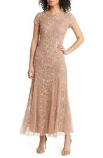 Pisarro Nights Beaded Mesh Midi Cocktail Dress SZ 2 Beige 268