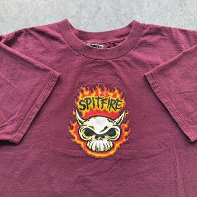 Vintage 90s Spitfire Flaming Fire Skull Graphic Skate T Shirt Size
