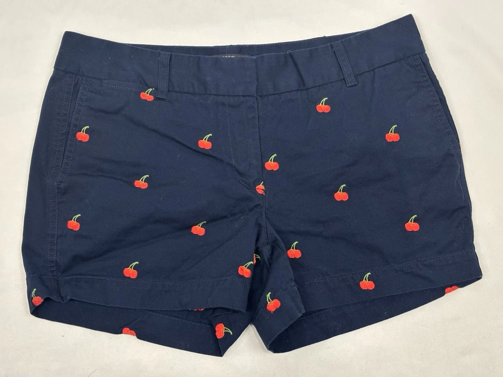 J. Crew Women’s 6 Shorts Chino Cherry Embroidered Navy Blue Red Preppy Pockets