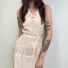 1910s/1920s light pink rayon pleated drop waist dress with floral embroidery
