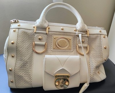 Versace White Studded Perforated Satchel Zip Top Handle Gold Hardware