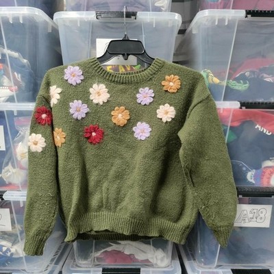 Shien Floral Olivegreen Sweater Size Medium Embroidery Knit Cottage A260ed 