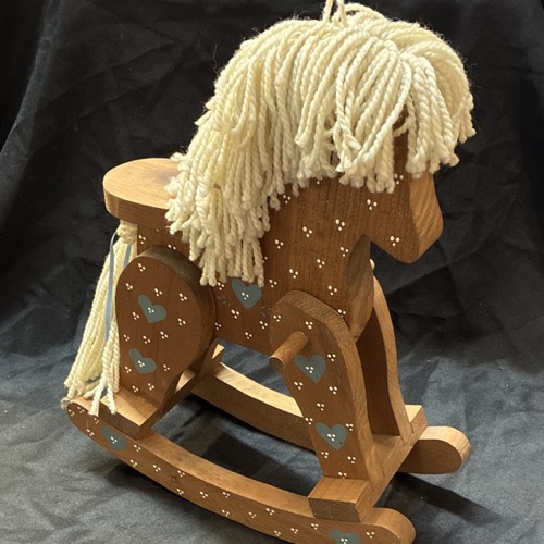 Wooden Rocking Horse with Blue Heart Decorations and Yarn Mane & Tail