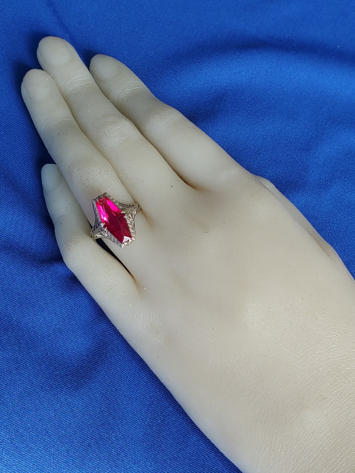 Vintage Deco Ruby Solid 14k White Gold Filigree S… - image 13